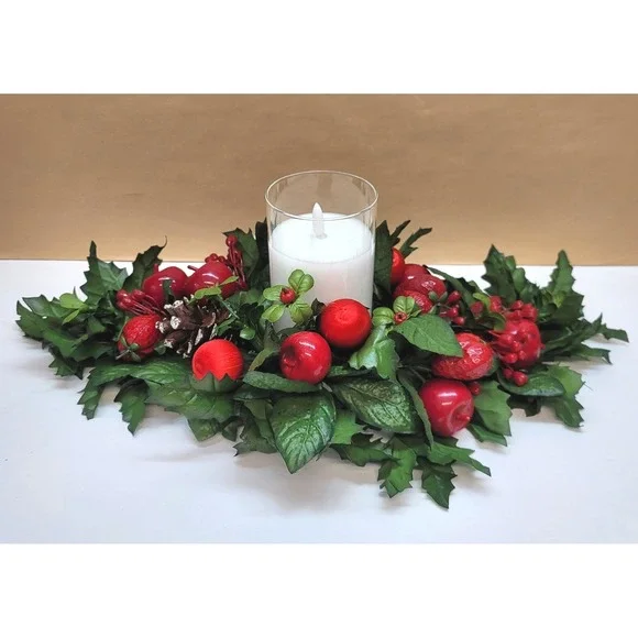 Vtg Christmas Faux Floral Candle Centerpiece Holly Pinecones/Apple/Strawberries
