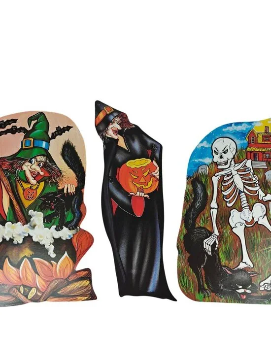 Vintage Halloween Die-Cut Lot Of 3 Double-Sided Party Time Mfg 1987 Witch