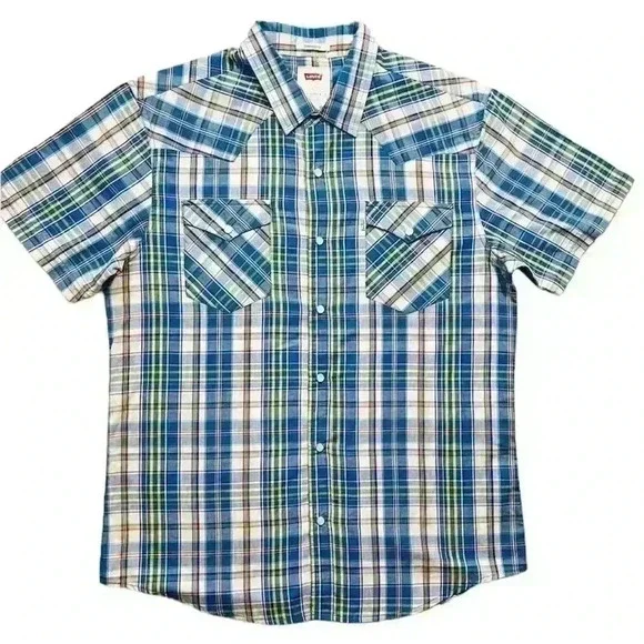 Levi's Barstow Western Short Sleeve Multi Color Checker‎ Plaid Snap Shirt Size L