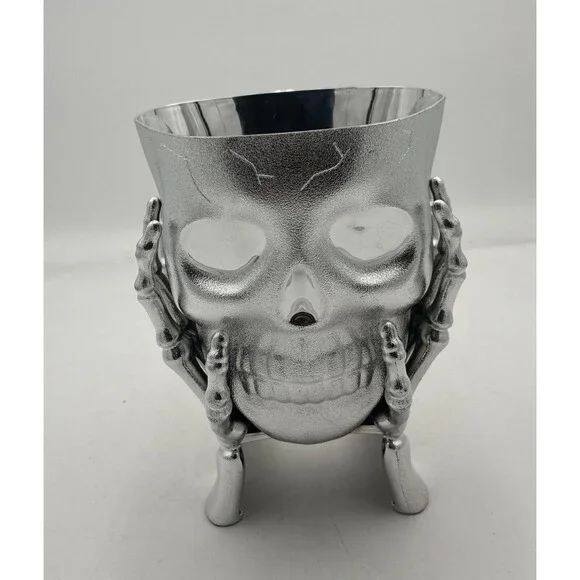 Halloween Skeleton Skull In Hands Candy Planter Bowl Silver Tone NWT 5” X 7”