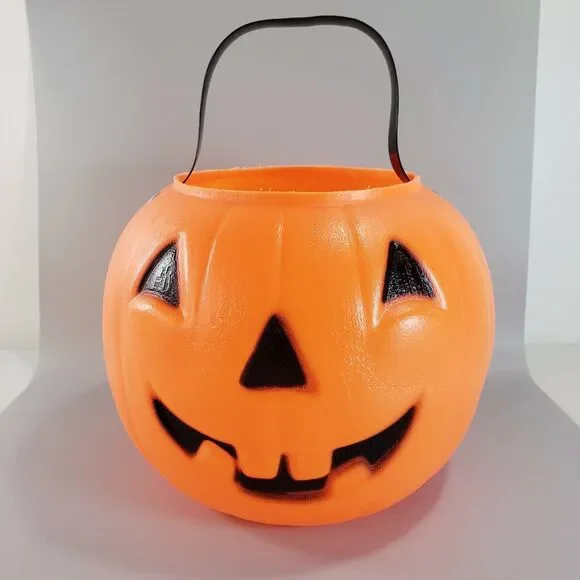 Pumpkin Pail Candy Carrier Orange Jack O Lantern Riveted Blow Mold Halloween