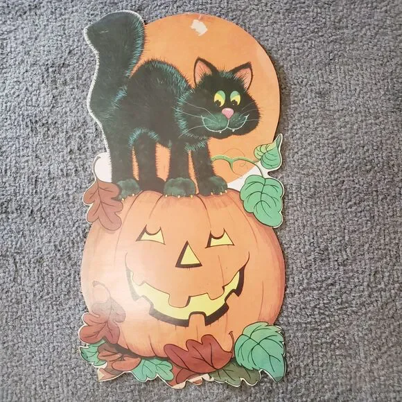 Vtg Eureka Halloween Black Cat On Jack-O-Lantern Die Cut Double Sided Halloween