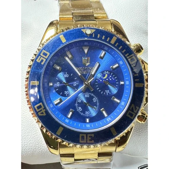 Montres Prestige MPW-0093 Mens Chronograph Watch Gold Blue Dial Moon Phase New