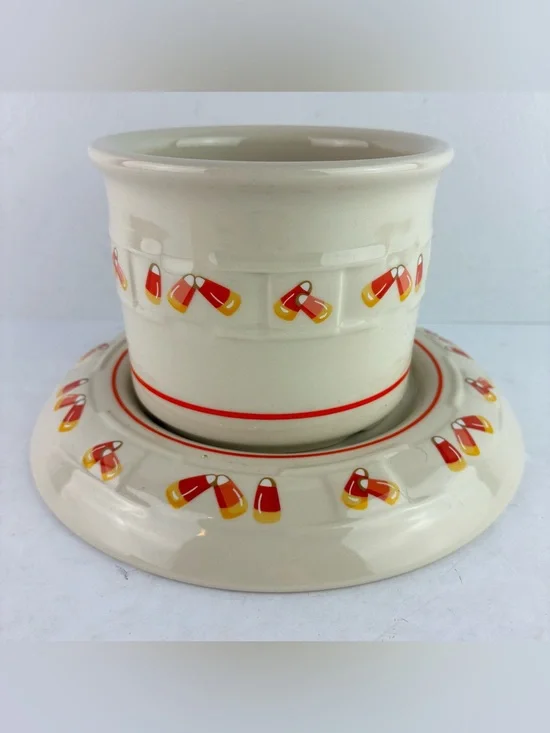 Longaberger 1999 Pottery Heirloom Collection Candy Corn Crock & Plate