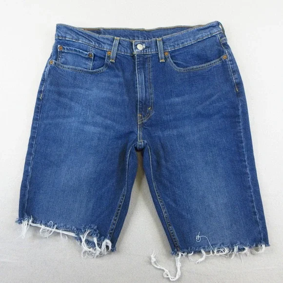 Levi's 514 Cutoff Shorts Mens 36‎ Blue Denim Straight Fit Stretch Raw Hem Uneven