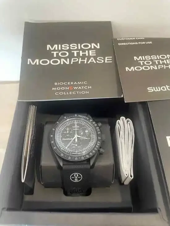 NWOT Swatch x Omega MISSION TO THE MOONPHASE Men's NEW MOON Black Watch