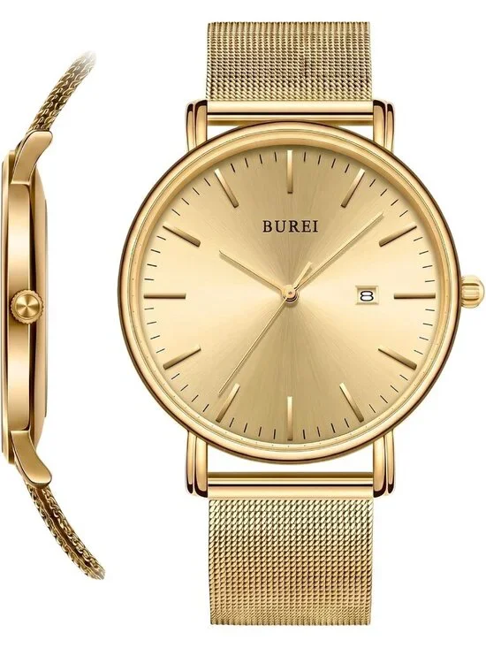 Men's Gold Stainless Steel Mesh Band Minimalist Analog Waterproof Wrist Watch