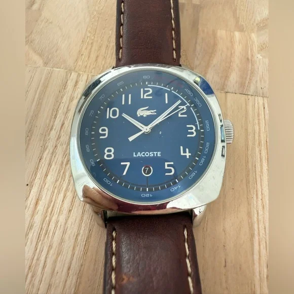 Lacoste mens blue dial silver tone brown leather watch NEW BATTERY