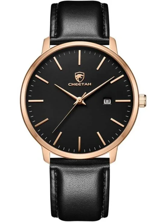 Men's  Rose/ Gold /Black Leather Strap Minimalist Waterproof Quartz Wrist Watch