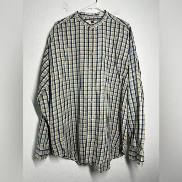 Vintage Levis Shirt Mens Size Large Blue Plaid Pockets Cotton Stand Collar