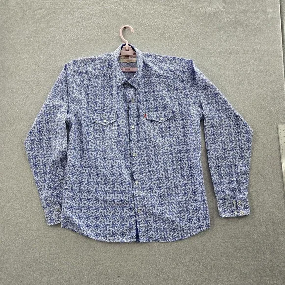 Levi's Men Button Up Shirt‎ XL Blue Geometric Western Long Sleeve Pearl Snap