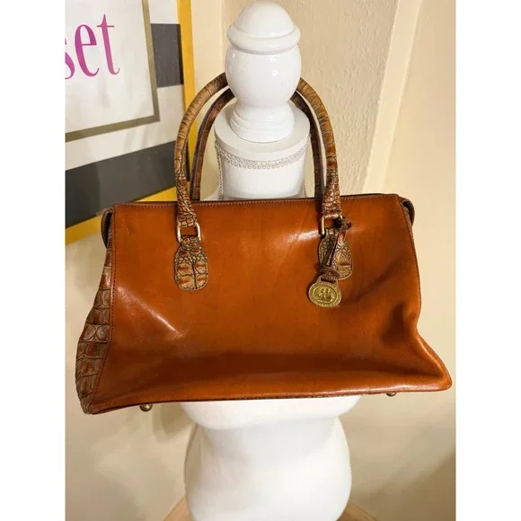 Brahmin Cognac Brown Leather Crocodile Embossed Satchel Handbag Zip Top Purse