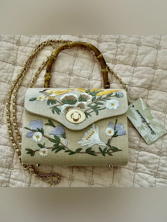 Tommy Bahama Bird & Floral Embroidered Canvas Bamboo Top Handle w Unique Chain