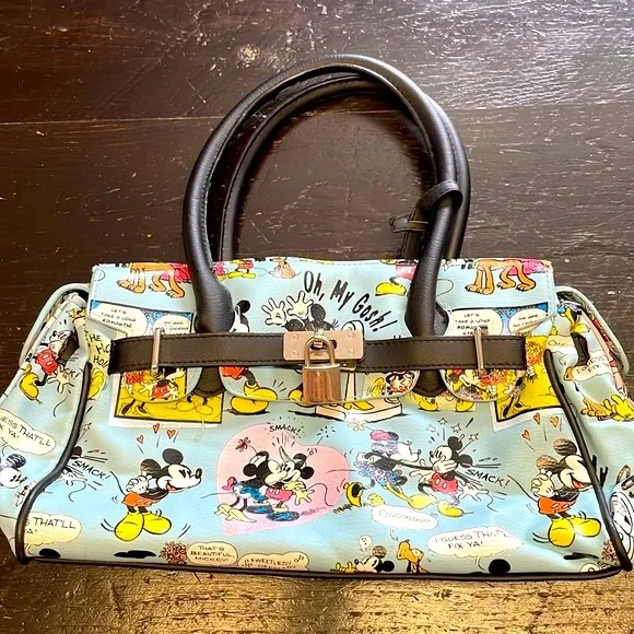 Disney Minnie & Mickey Mouse Lock & Key Satchel Purse Handbag Cartoon Comic Blue