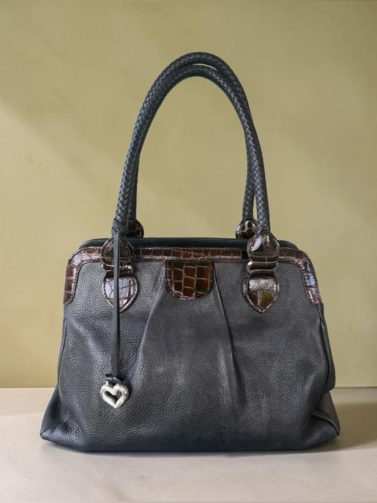 Brighton Black Pebbled Leather Satchel | Croc Embossed Trim | Heart Charm