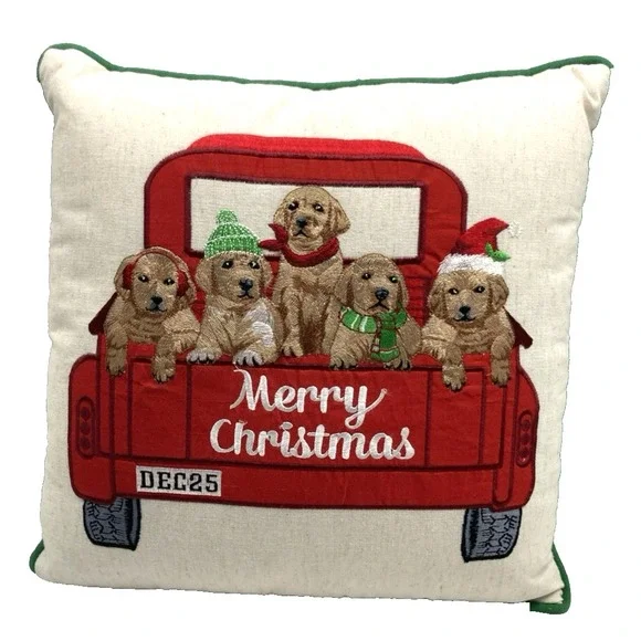 Vtg Pier 1 Merry Christmas Embroidered‎ Pillow Dogs In Red Truck 16x16