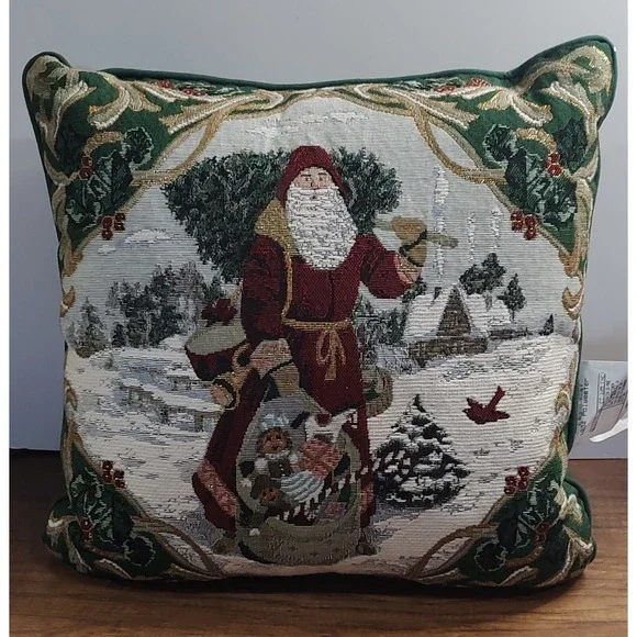 Father Christmas Santa 16x16 Inch Tapestry Pillow Cardinal Holly Toy Bag B15