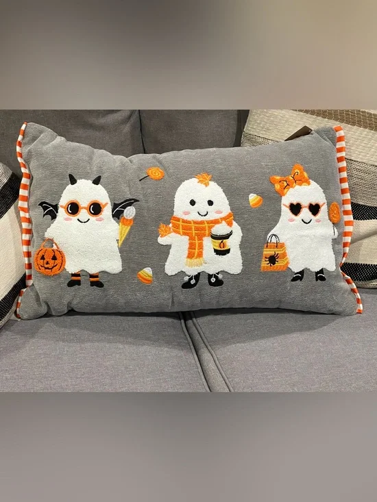 Gray Decorative ghost Pillow with Orange & White Striped Trim