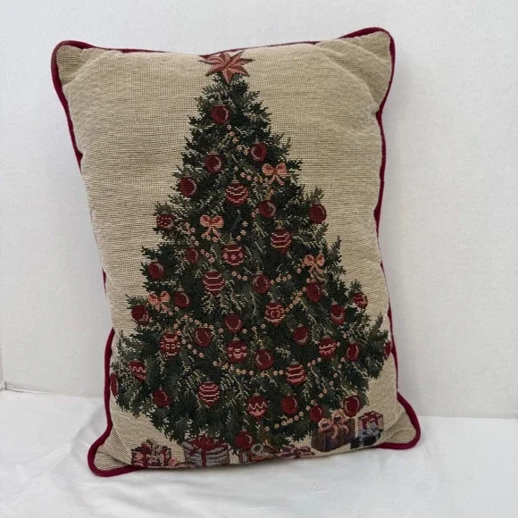 Vintage Christmas Tree Woven Tapestry Decorative Accent Pillow Burgundy 12x16