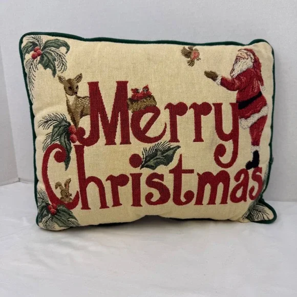 Riverdale Merry Christmas Tapestry Throw Pillow Santa Deer Woven Green Back USA