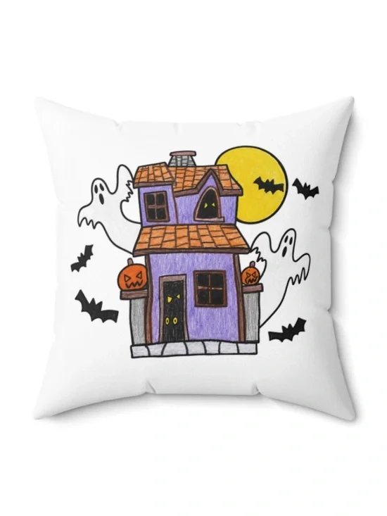 Original Hand-Drawn Halloween Haunted House Throw Pillow
