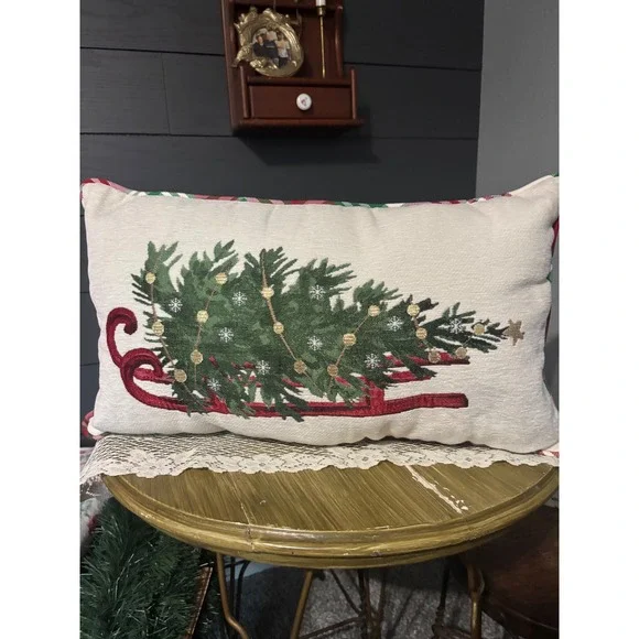 Christmas Tree Sled Lumbar Pillow Red Green Plaid Reversible Holiday Decor 20x11