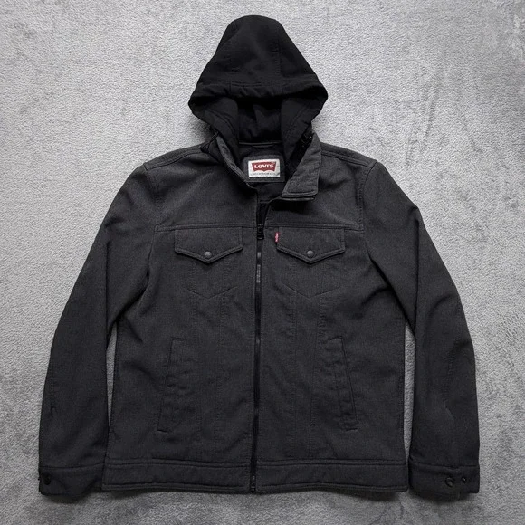 Levis Jacket Mens Large Gray Black Hooded Zip Up Fleece Lined Trucker‎ Coat