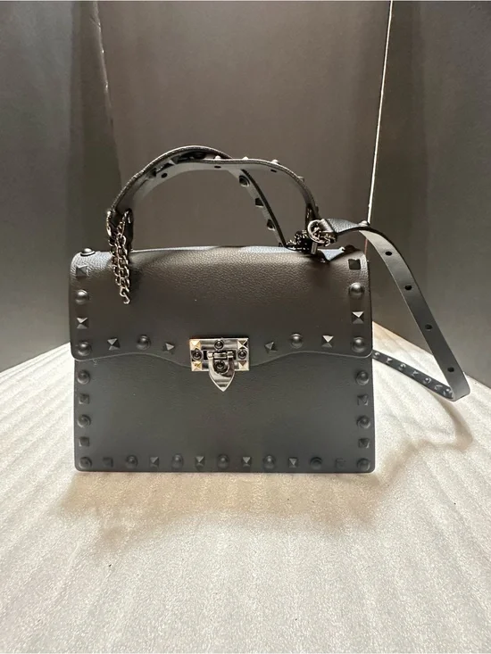 Black Studded Top-Handle Shoulder Bag - Elegant Everyday