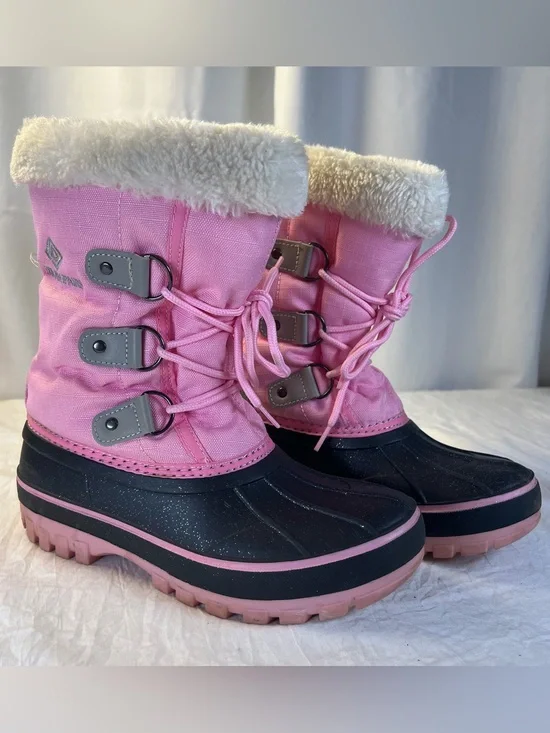 Dream Pairs Girls sz4 Pink&Black Winter Snow Boots Faux Fur Trim Glitter Zip&Tie
