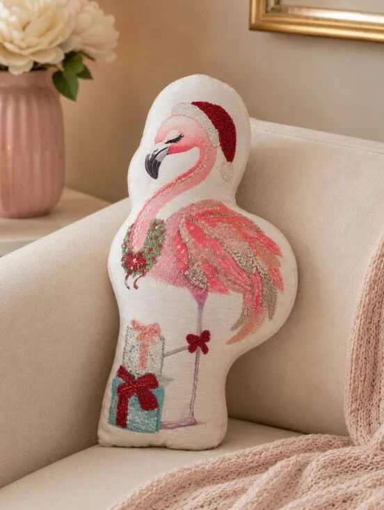 Festive Flamingo Holiday Accent Pillow in Pink and White