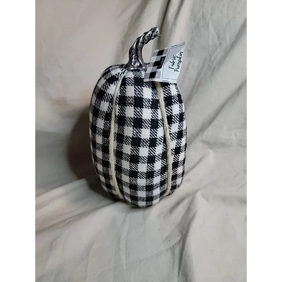 Stuffed Fabric Tall Pumpkin‎ Black & White Small Gingham Print 8.5