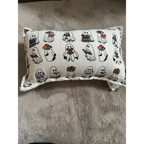 Rachel Zoe Halloween Ghost Reading Books Lumbar Pillow Cream Waffle Fringe NWT