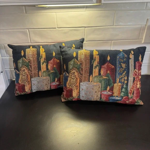 Tapestry Christmas Candle Throw Pillows Home Decor 15x11 Multicolor Set of 2