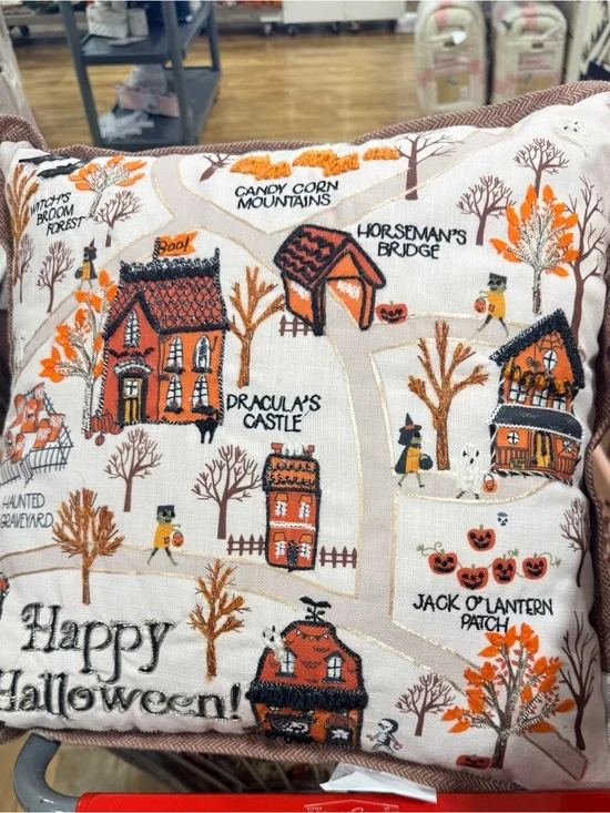 Spooky Village Embroidered Halloween Pillow - Orange & Cream