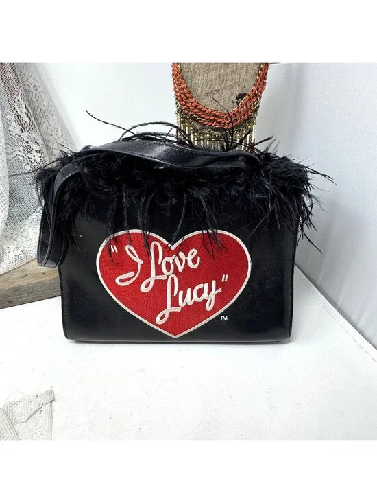 I Love Lucy Purse Black Feather Trim Faux Leather Bucket Purse