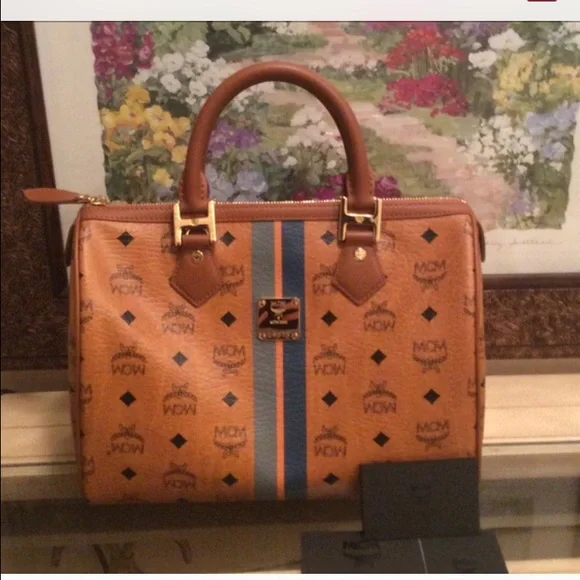 MCM Cognac Visetos Satchel with Blue Stripe