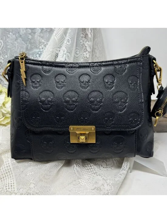 Betsey Johnson Skull Boss Satchel Black Gold Trim Top Handle