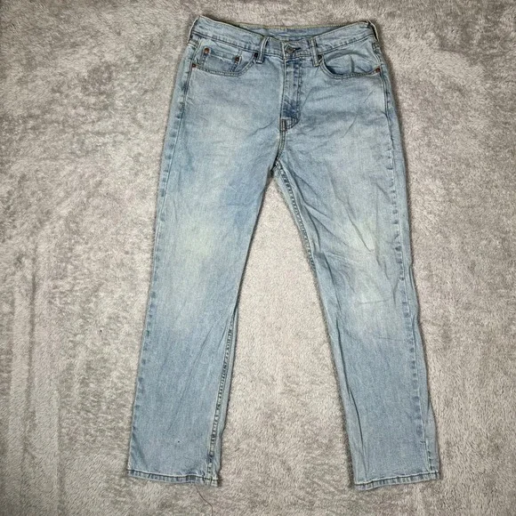 Levis 514 Straight Fit Jeans Mens 33x30 Light Wash Blue Denim trash distressed