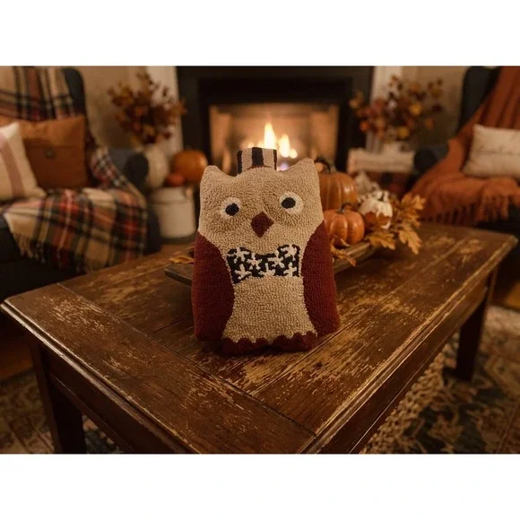 VNT Adorable Hooked Owl Pillow Rustic Farmhouse‎ Fall Decor Accent Handmade