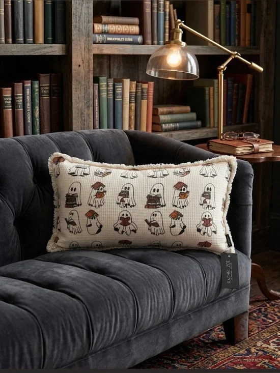 Rachel Zoe Halloween Reading Ghosts Decorative Lumbar Pillow Fringed Ivory NWT