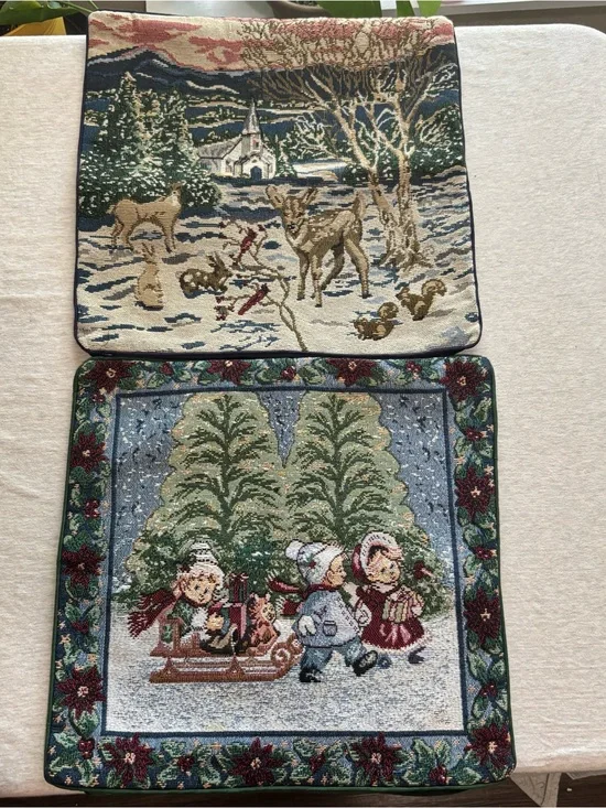 Vintage Christmas Woven Tapestry Cushion Cover Set Church Deer Children 15x15