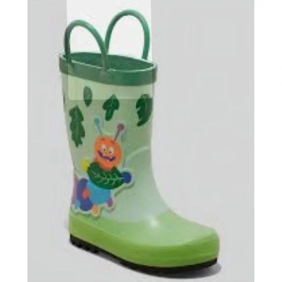 Cat & Jack Toddler Green Caterpillar Rain Boots Pull On Handles Size 10