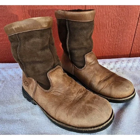 UGG Beacon Leather‎ Boots Size 3 Brown Two Tone Sherpa Lined Hard Sole S/N 5925