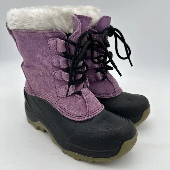 Lands' End girls‎ purple suede black rubber duck fur lined winter boots Sz 1 EUC