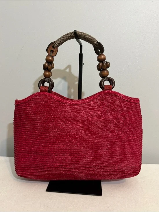 Vintage Red Woven Rattan Tote Bag Wood Beaded Handle Top Handle Boho Retro Purse