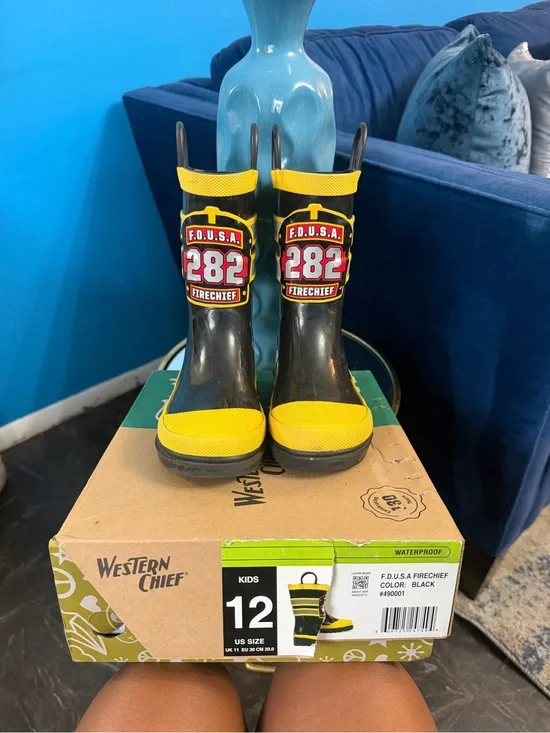 Western Chief Kids Black and Yellow Firechief Rain Boots