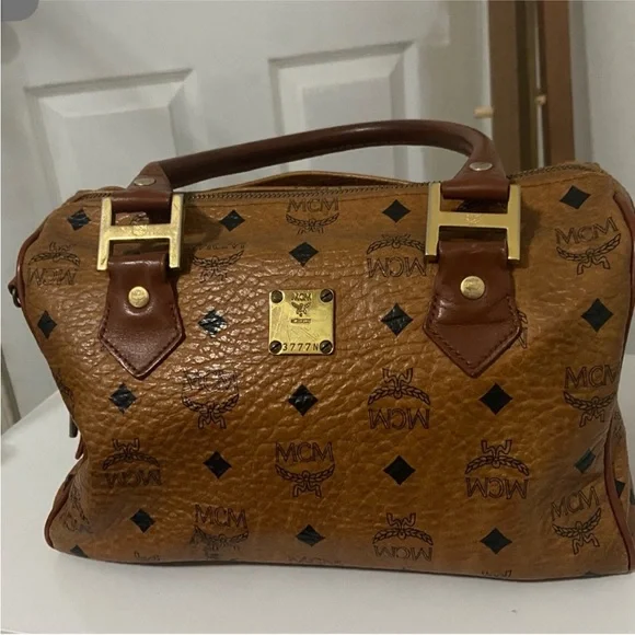 MCM Cognac Visetos Canvas Satchel with Gold Hardware