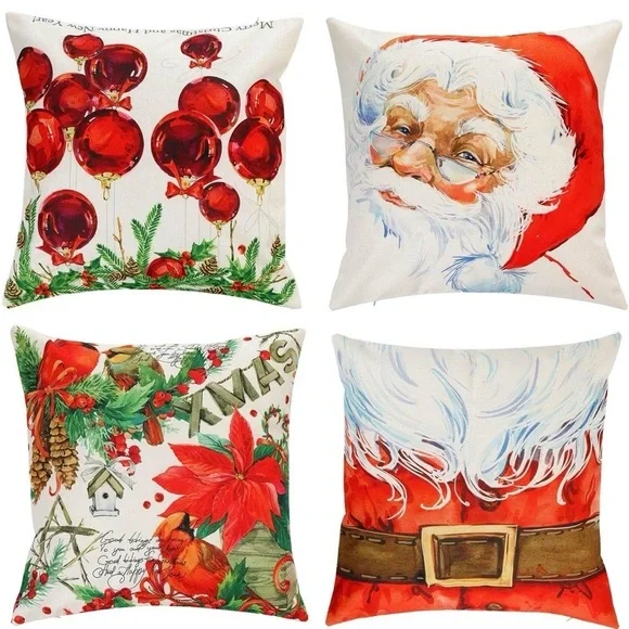 Festive Santa and Holiday Pillow Covers Set of 4 18x18 Brand new