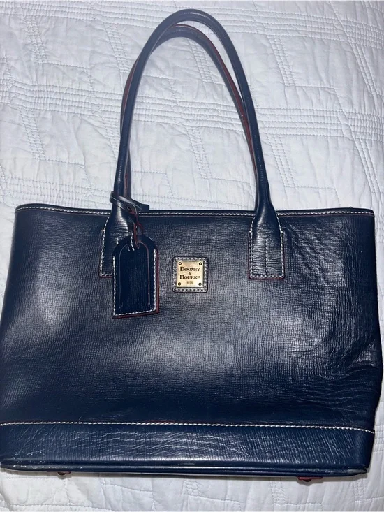 Dooney & Bourke Navy Leather Tote with Gold Logo Plaque