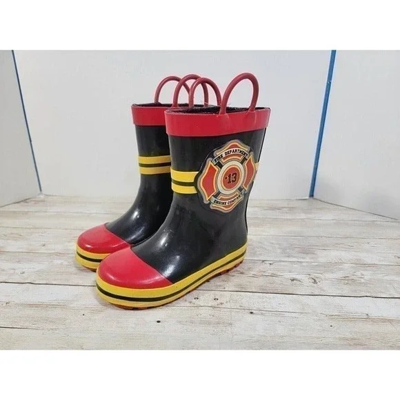 Fireman Fire Dept Rain Boots Fire Cheif Black Yellow 7/8 Boys Girls #13‎